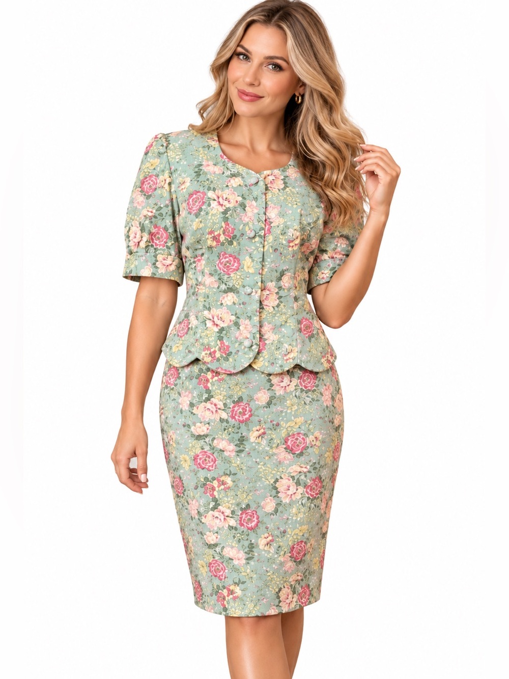 Vintage 90s Laura Ashley Floral Tailored Jacket Skirt Set Mint Pink Roses